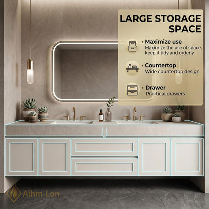 60''-96'' Double Bathroom Vanity with Sink Floating Surface Drawers Modern Elegant Smooth