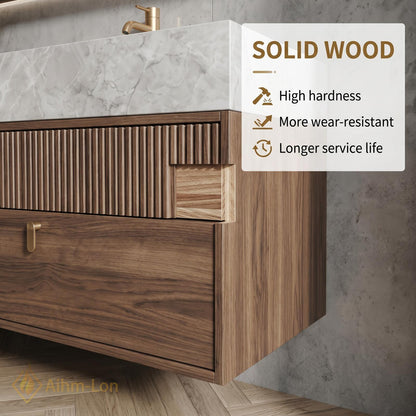 60''-96'' Double Bathroom Vanity with Sink Modern Floating Slatted Front Marble-Look Top