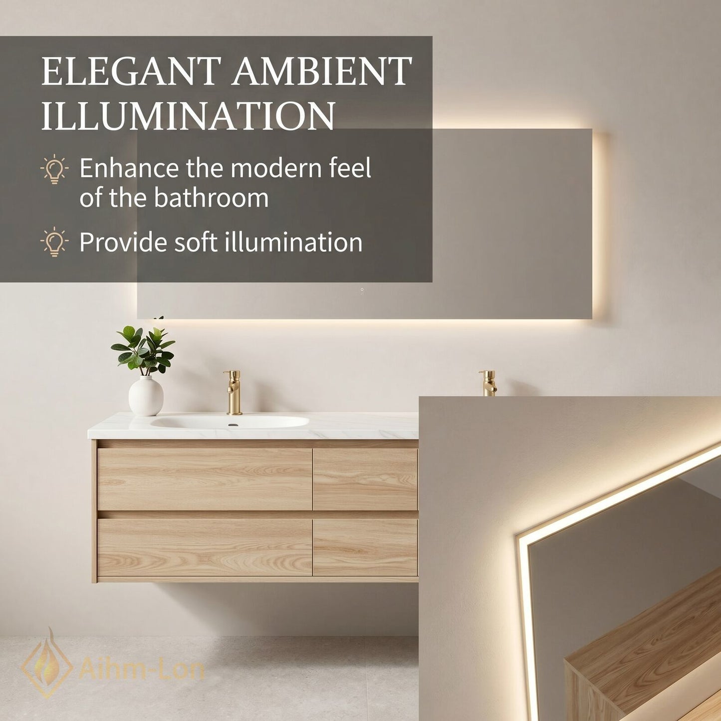60''-96'' Modern Bathroom Vanity with Sink Marble Floating Wooden Grain Lighted Mirror