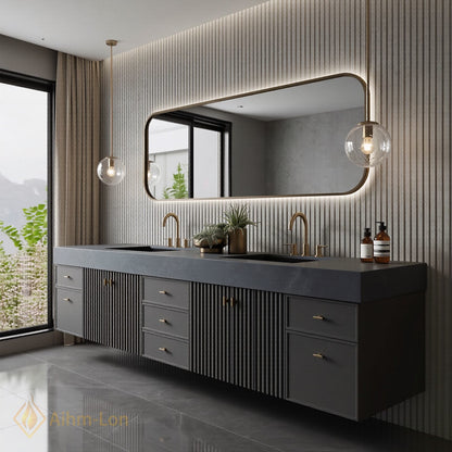 72''-96'' Double Bathroom Vanity with Sink Dark Slatted Finish Dual Drawers Shelving
