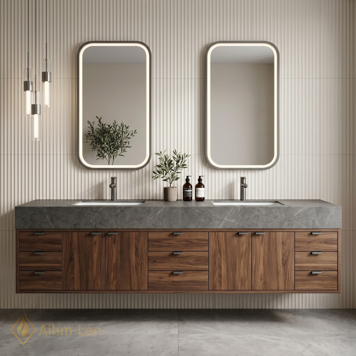 78''-96'' Double Bathroom Vanity with Sink Dark Walnut Slatted Center Drawer Storage