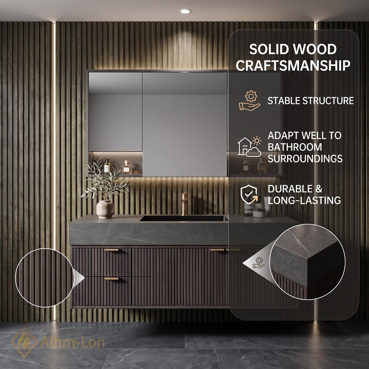 36''-110'' Bathroom Vanity with Sink Modern Ribbed Front Dark Sintered Stone