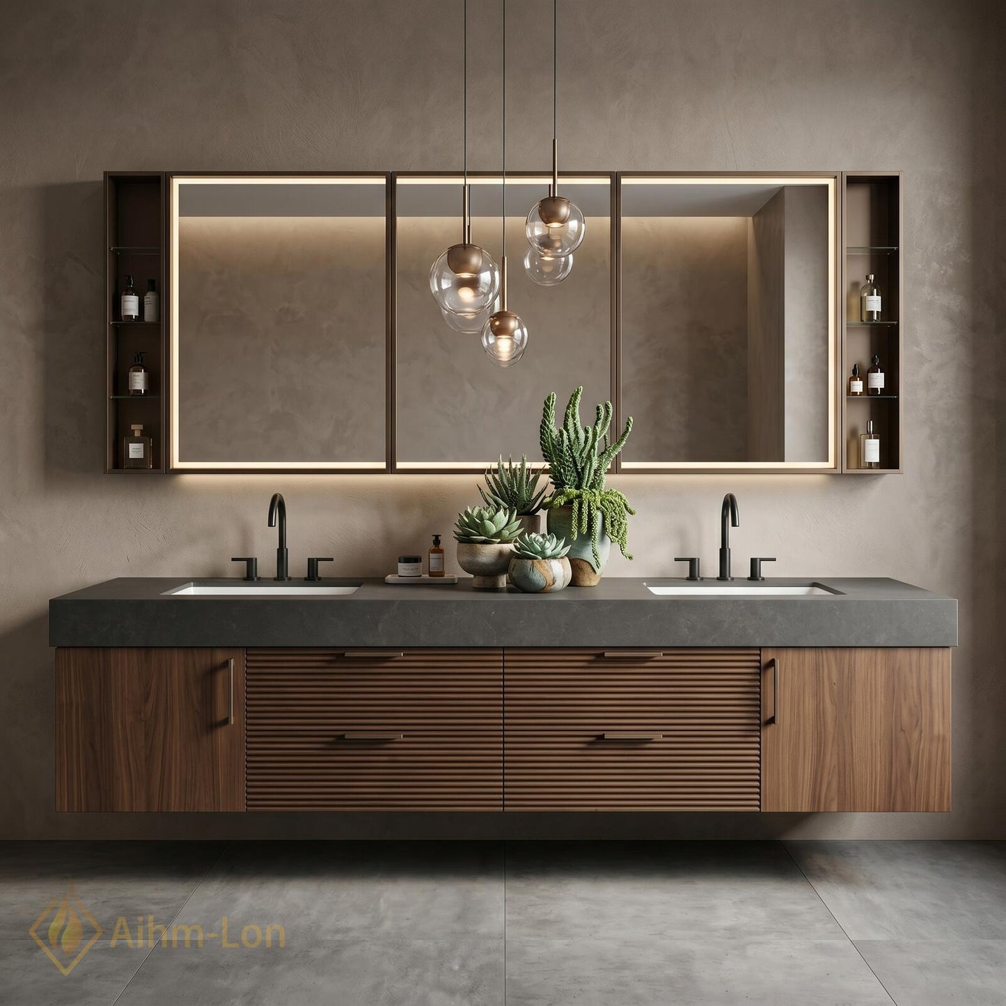 72''-96'' Double Bathroom Vanity with Sink Dark Modern Floating Stone-Top