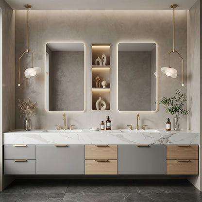 72''-96'' Double Bathroom Vanity with Sink Floating Marble Patterned Drawer Storage Cabinet