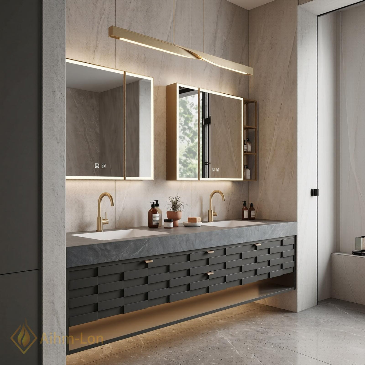 60''-96'' Double Bathroom Vanity with Sink Modern Floating Charcoal Finish Slatted Drawers