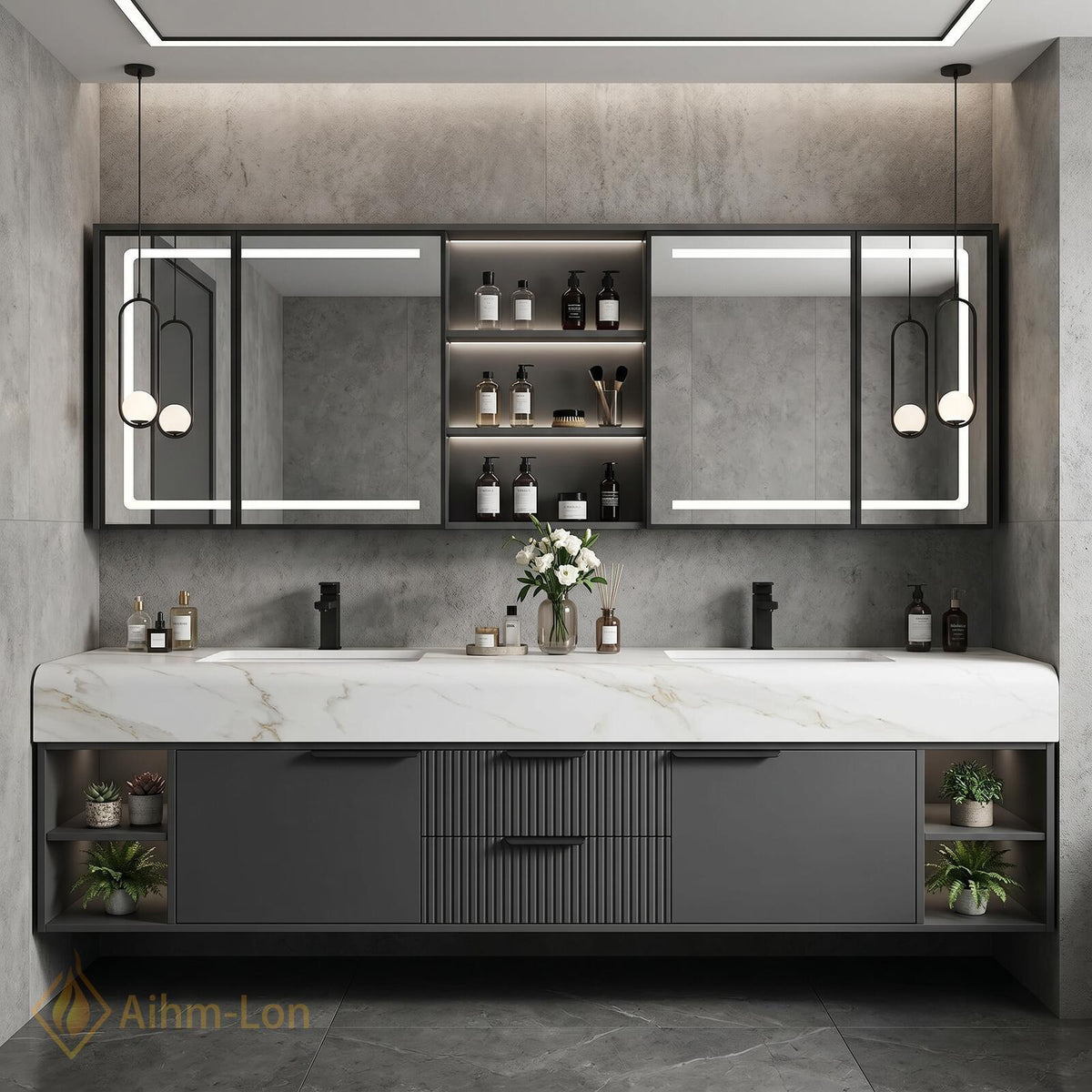 60''-96'' Double Bathroom Vanity with Sink Modern Dark Grey Marble Ribbed Drawers