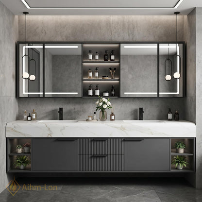 60''-96'' Double Bathroom Vanity with Sink Modern Dark Grey Marble Ribbed Drawers