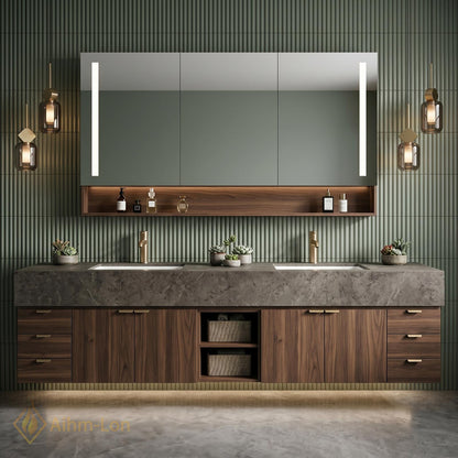 60''-96'' Double Bathroom Vanity with Sink Modern Floating Warm Walnut Open Shelving