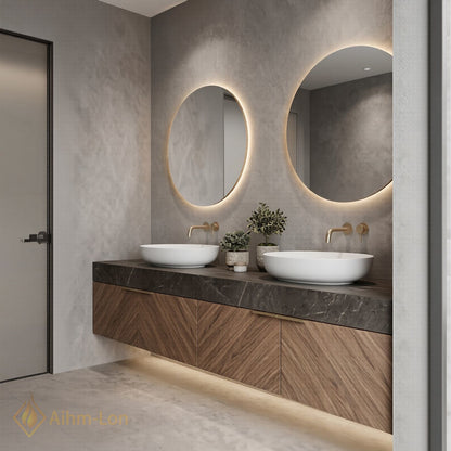 60''-96'' Double Bathroom Vanity with Sink Herringbone Wood Panels Dark Stone Countertop