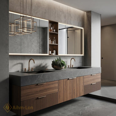 60''-96'' Double Bathroom Vanity with Sink Dark-Walnut Floating Basin Slatted-Panel