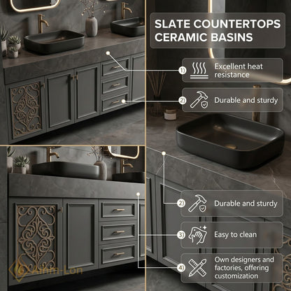 78''-96'' Double Bathroom Vanity with Sink Dark Slate Finish Slatted Center Panel