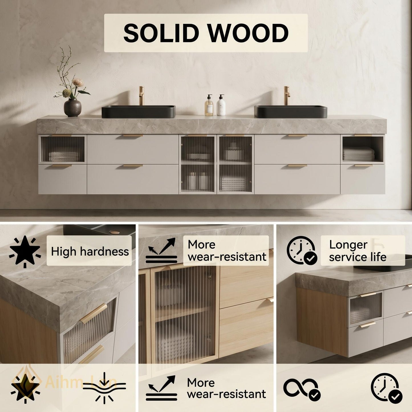 72''-96'' Double Bathroom Vanity with Sink Modern Marble-Top Fluted Glass Doors