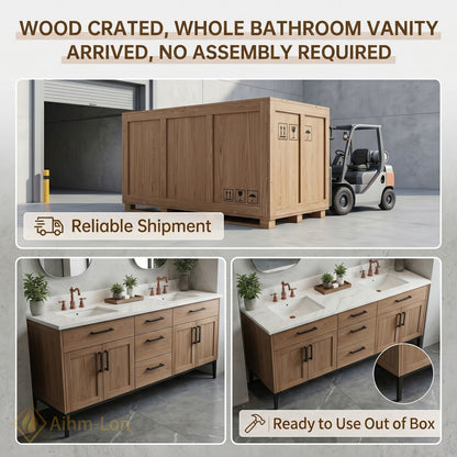 70''-96'' Modern Bathroom Vanity with Sink Floating Wood-Grain White Marble Black Handles