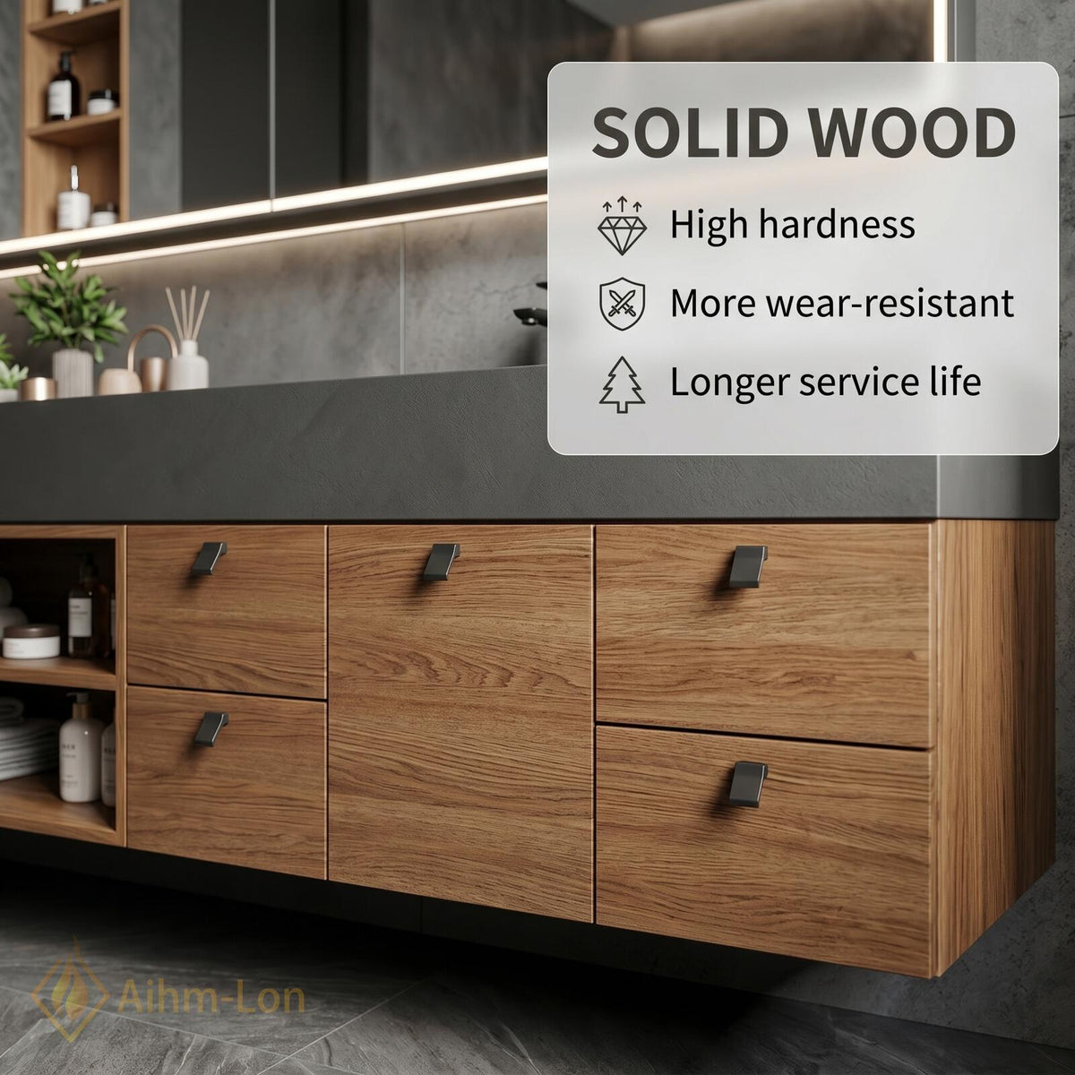 60''-96'' Double Bathroom Vanity with Sink Dark Matte Top Light Wood Drawers