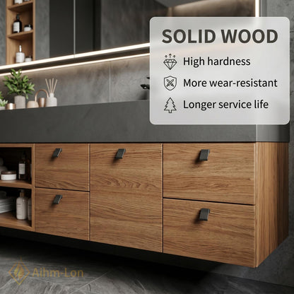 60''-96'' Double Bathroom Vanity with Sink Dark Matte Top Light Wood Drawers