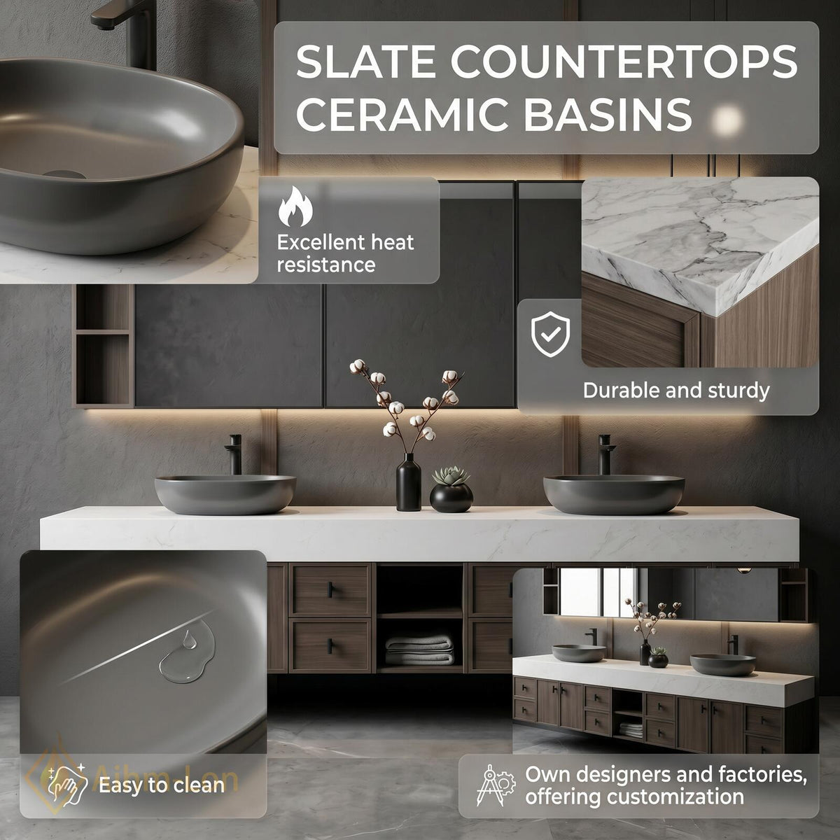 60''-96'' Double Bathroom Vanity with Sink Modern Floating White Stone Top Dark