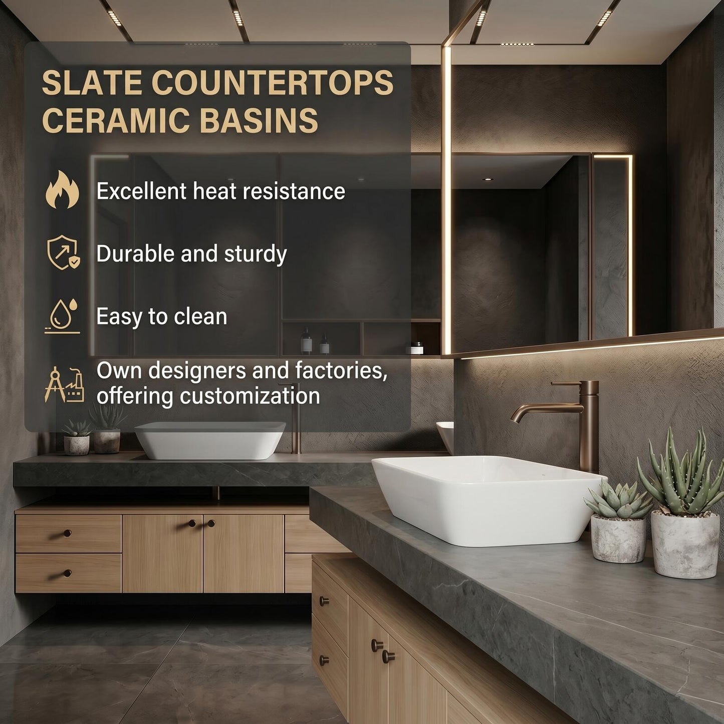 76''-96'' Floating Bathroom Vanity with Sink Dark Gray Stone Light Wood Drawers Mirror Cabinet