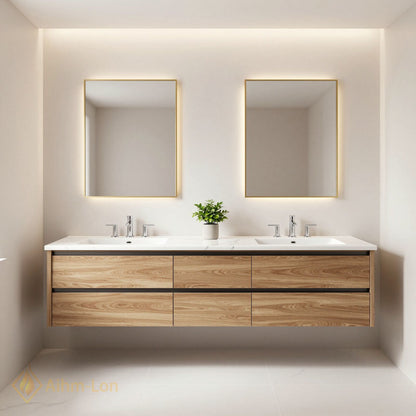 60''-96'' Modern Bathroom Vanity with Sink Floating Marble Drawers Illuminated Mirror