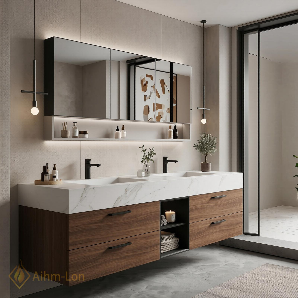 60''-96'' Double Bathroom Vanity with Sink Floating Wood-Grain Finish Open Slatted Shelf