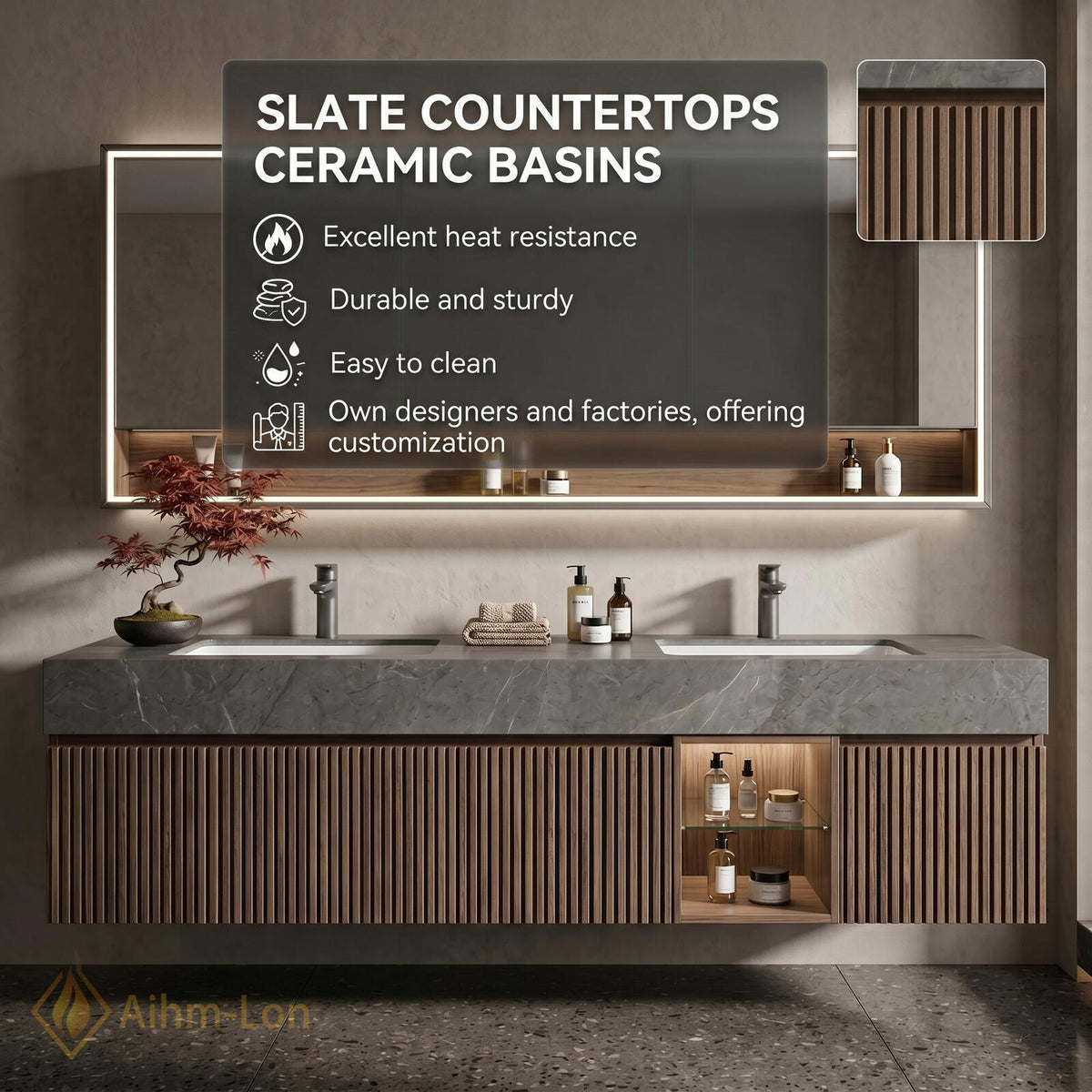 60''-96'' Double Bathroom Vanity with Sink Vertical Slats Stone Countertop Mirror Cabinet