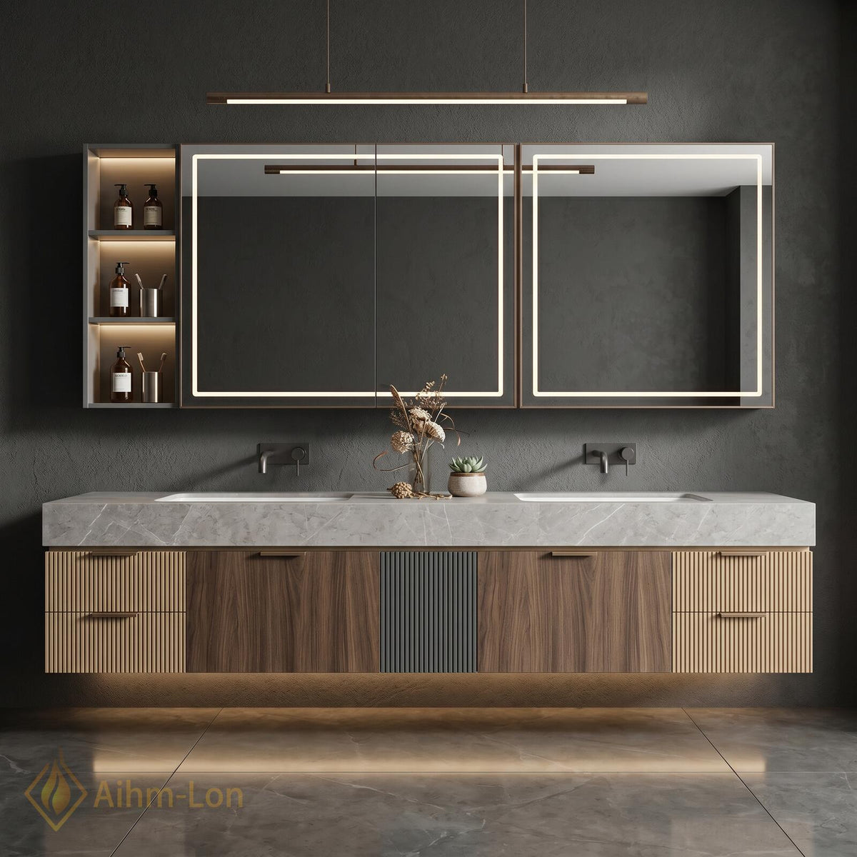 78''-96'' Double Bathroom Vanity with Sink Floating Vanity Grain Finish Slatted Center