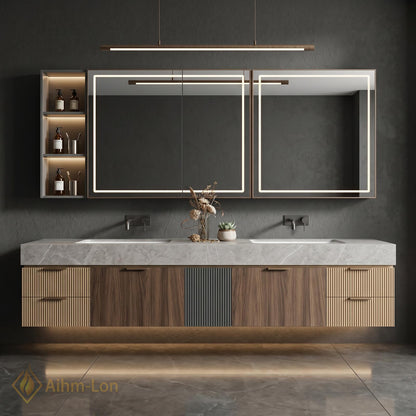 78''-96'' Double Bathroom Vanity with Sink Floating Vanity Grain Finish Slatted Center