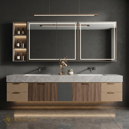 78''-96'' Double Bathroom Vanity with Sink Floating Vanity Grain Finish Slatted Center