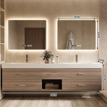68"Floating Bathroom Vanity Includes Five Brown Wood Design Drawer