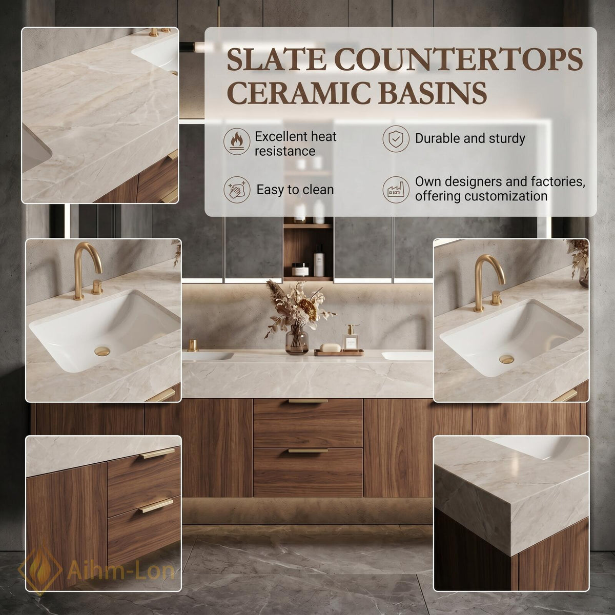 60''-96'' Double Bathroom Vanity with Sink Floating Dark Walnut Finish Slatted Panel