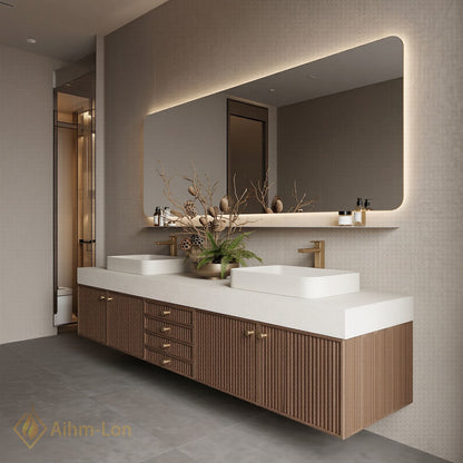 70''-96'' Double Bathroom Vanity with Sink Floating Slatted Warm Wood Tones Vertical