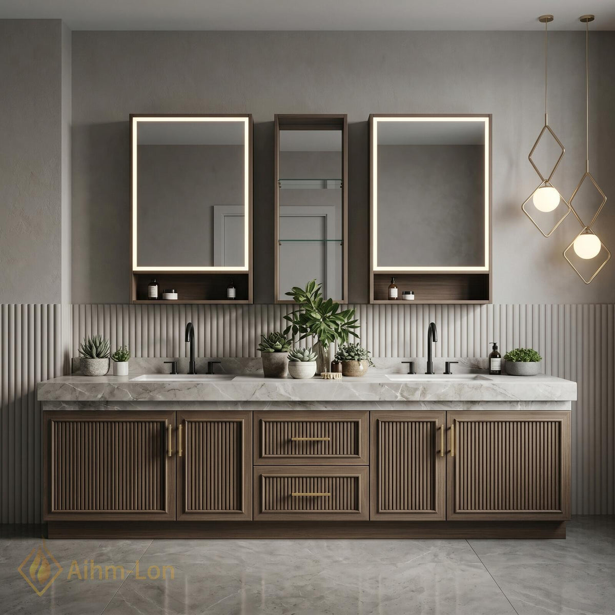 60''-96'' Double Bathroom Vanity with Sink Elegant Dark Walnut Finish Slatted Doors