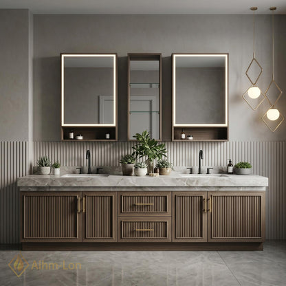 60''-96'' Double Bathroom Vanity with Sink Elegant Dark Walnut Finish Slatted Doors