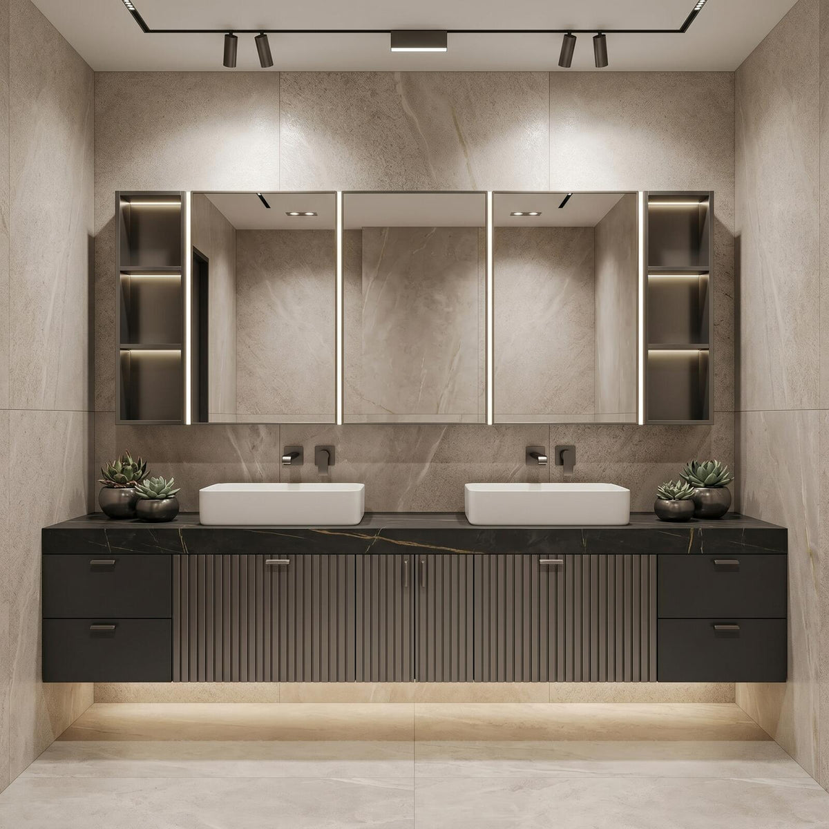 60''-96'' Double Bathroom Vanity with Sink Modern Floating Charcoal Matte Slatted Front Panel