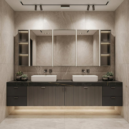 60''-96'' Double Bathroom Vanity with Sink Modern Floating Charcoal Matte Slatted Front Panel