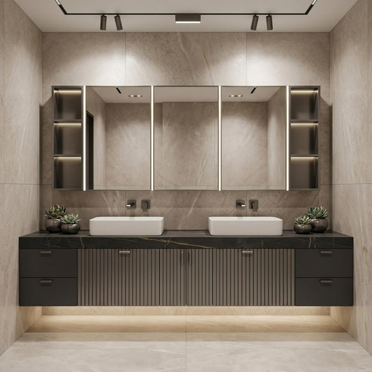 60''-96'' Double Bathroom Vanity with Sink Modern Floating Charcoal Matte Slatted Front Panel