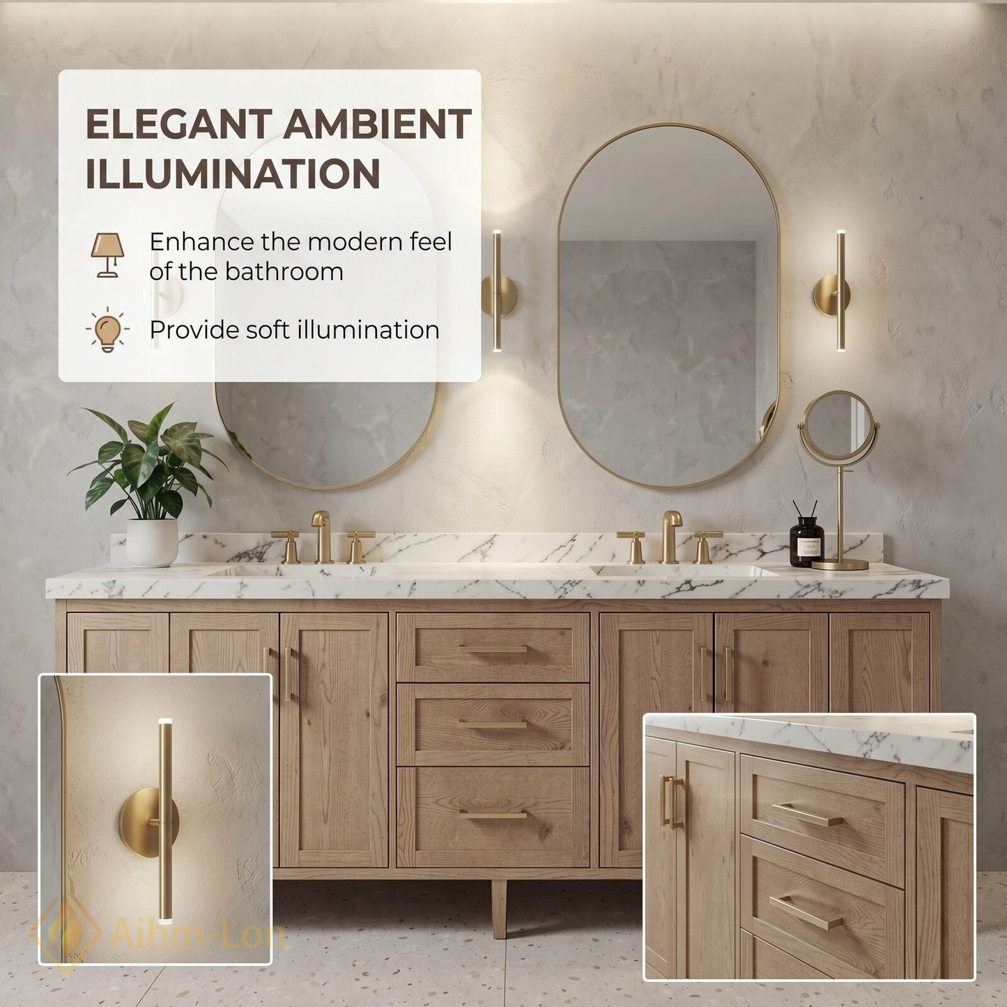 70''-96'' Modern Bathroom Vanity with Sink Marble Wood Grain Brass Open Drawers