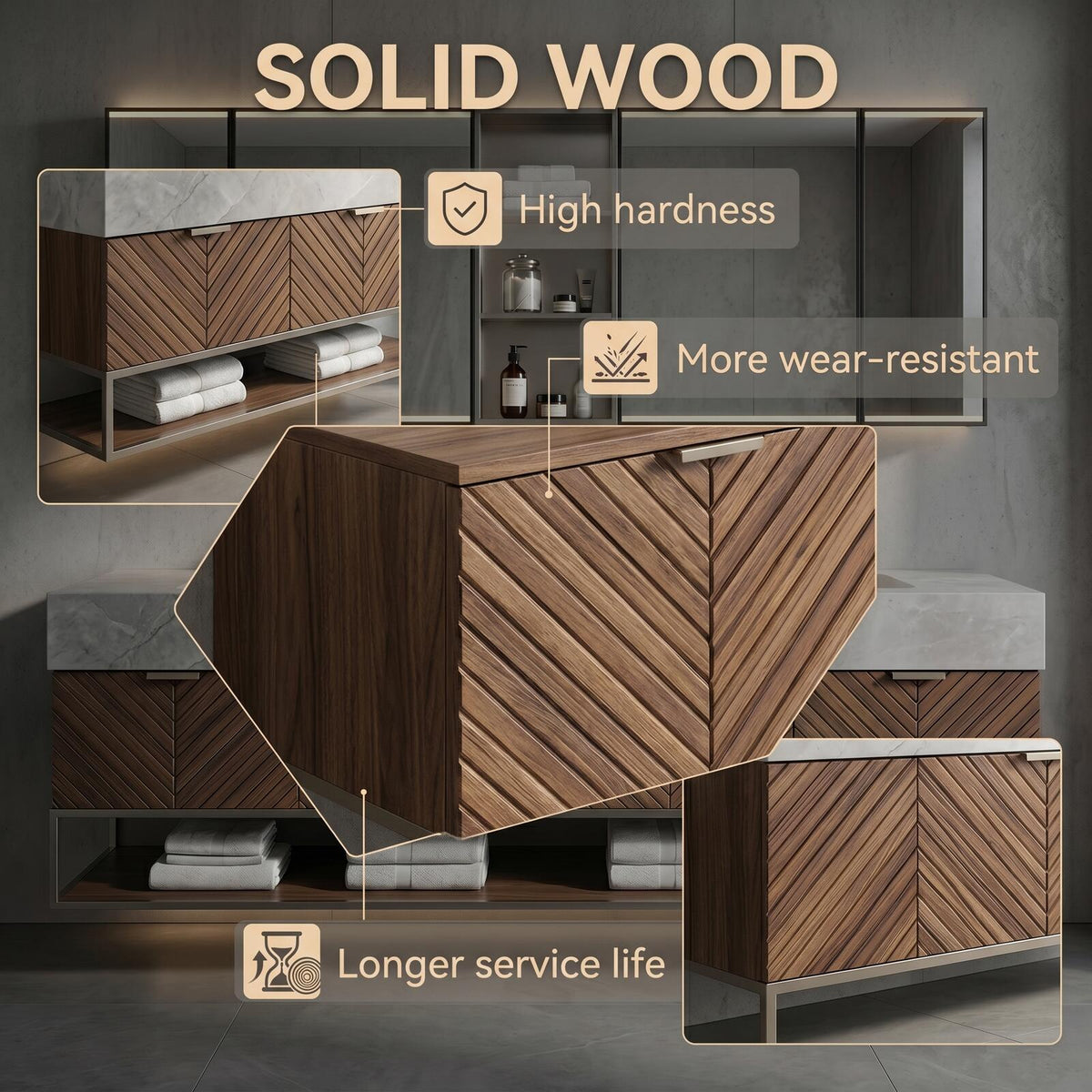60''-96'' Double Bathroom Vanity with Sink Modern Floating Herringbone Wood Marble Texture