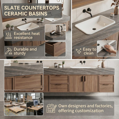 76''-96'' Modern Floating Bathroom Vanity with Sink Warm Wood Grain Wide Counter