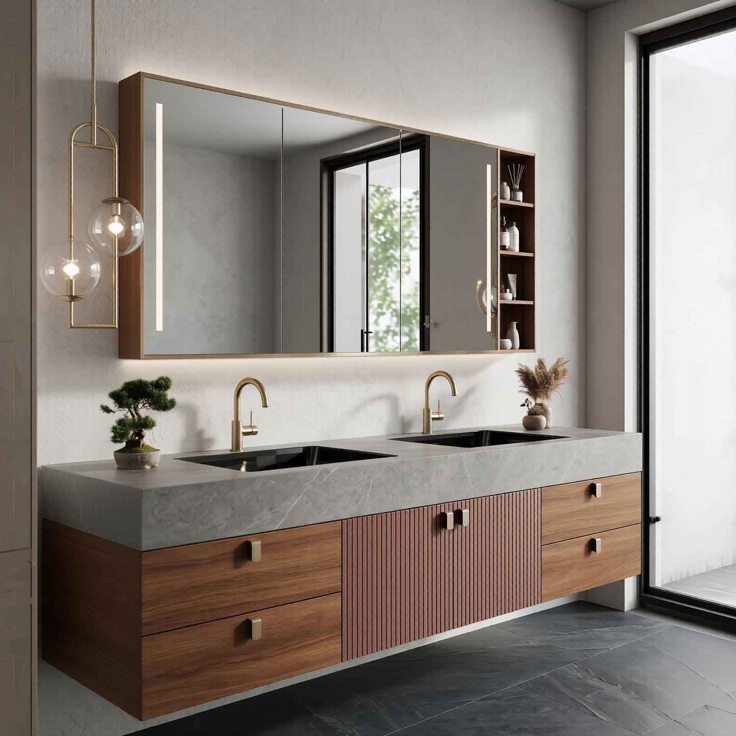 60''-96'' Modern Bathroom Vanity with Sink Double Sink Slatted Warm Walnut Side Shelving Cabinet