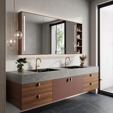 60''-96'' Modern Bathroom Vanity with Sink Double Sink Slatted Warm Walnut Side Shelving Cabinet