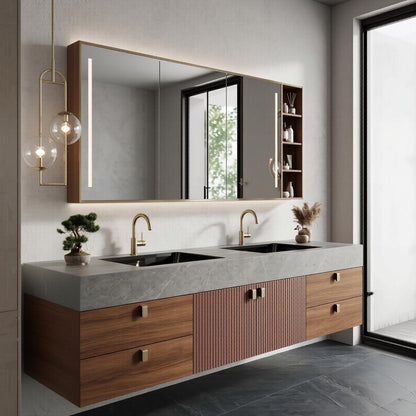 60''-96'' Modern Bathroom Vanity with Sink Double Sink Slatted Warm Walnut Side Shelving Cabinet