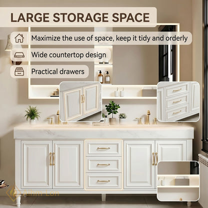 72''-96'' Double Bathroom Vanity with Sink White Shaker Panel Doors Marble Textured