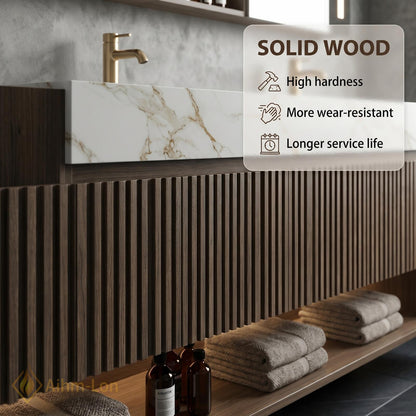 60''-96'' Double Bathroom Vanity with Sink Modern Floating Warm Wood Slatted Panel