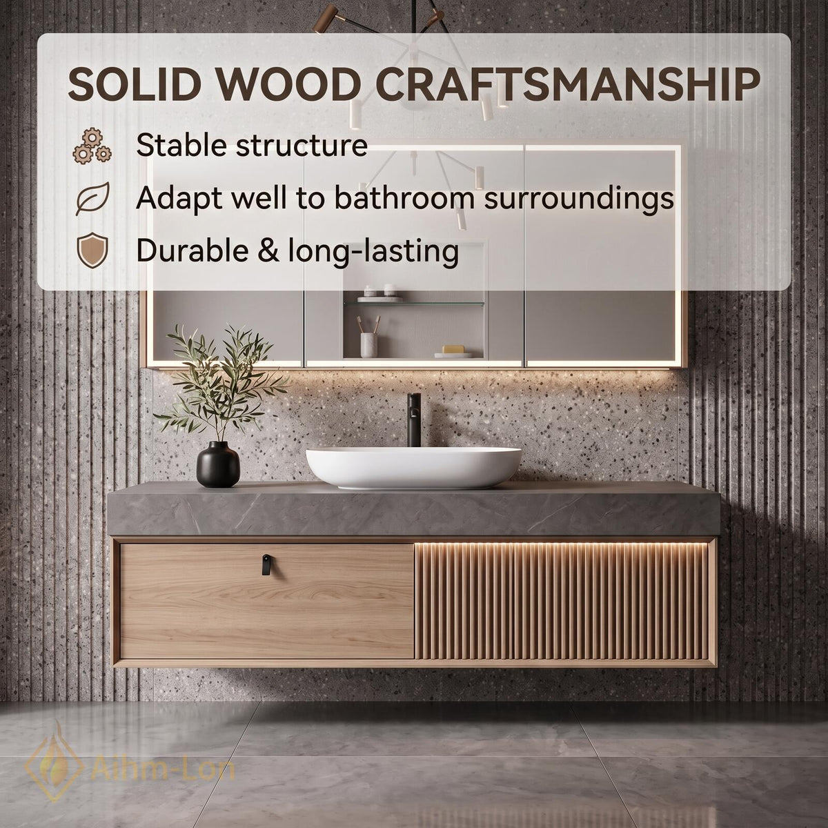 36''-110'' Floating Bathroom Vanity with Sink Riveted Slats Open Niche Slate Top