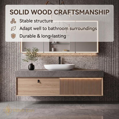 36''-110'' Floating Bathroom Vanity with Sink Riveted Slats Open Niche Slate Top