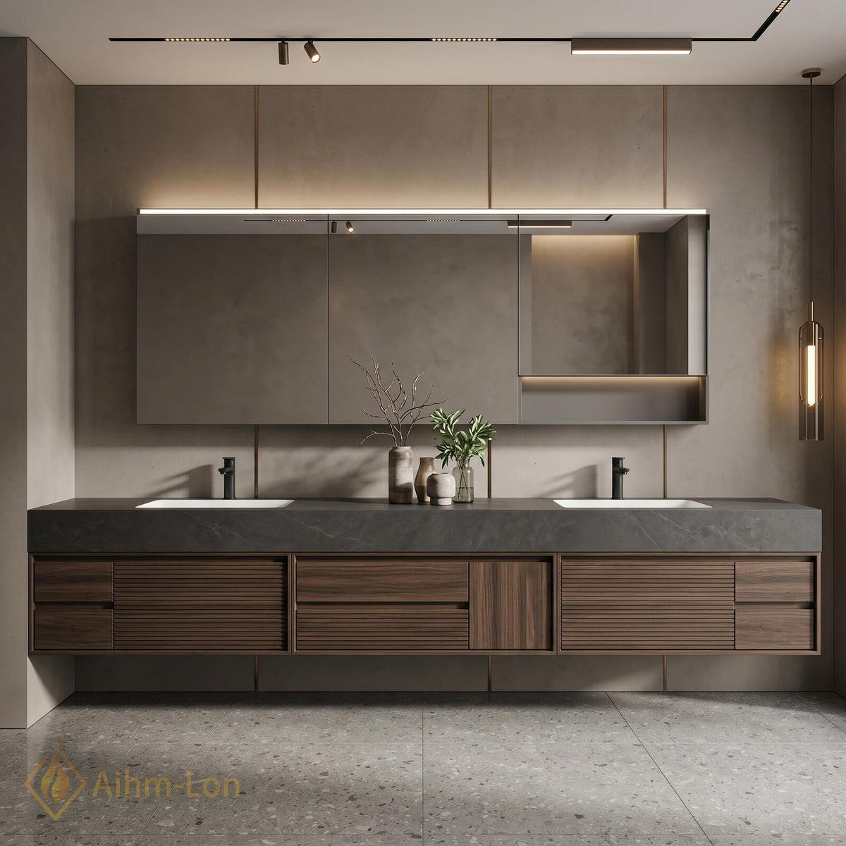 60''-96'' Double Bathroom Vanity with Sink Slatted Drawers Walnut Finish Warm Walnut