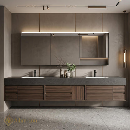 60''-96'' Double Bathroom Vanity with Sink Slatted Drawers Walnut Finish Warm Walnut