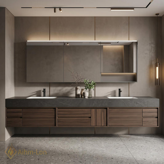 60''-96'' Double Bathroom Vanity with Sink Slatted Drawers Walnut Finish Warm Walnut
