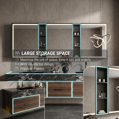 60''-96'' Double Bathroom Vanity with Sink Floating Wood Grain Drawers Countertop Space