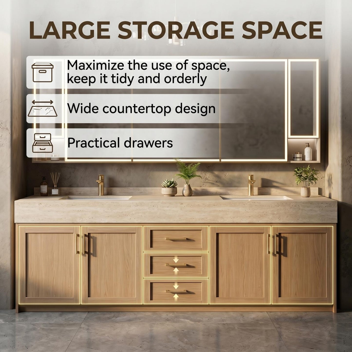 70''-96'' Double Bathroom Vanity with Sink Stone Top Solid Wood Shaker Drawer Cabinet
